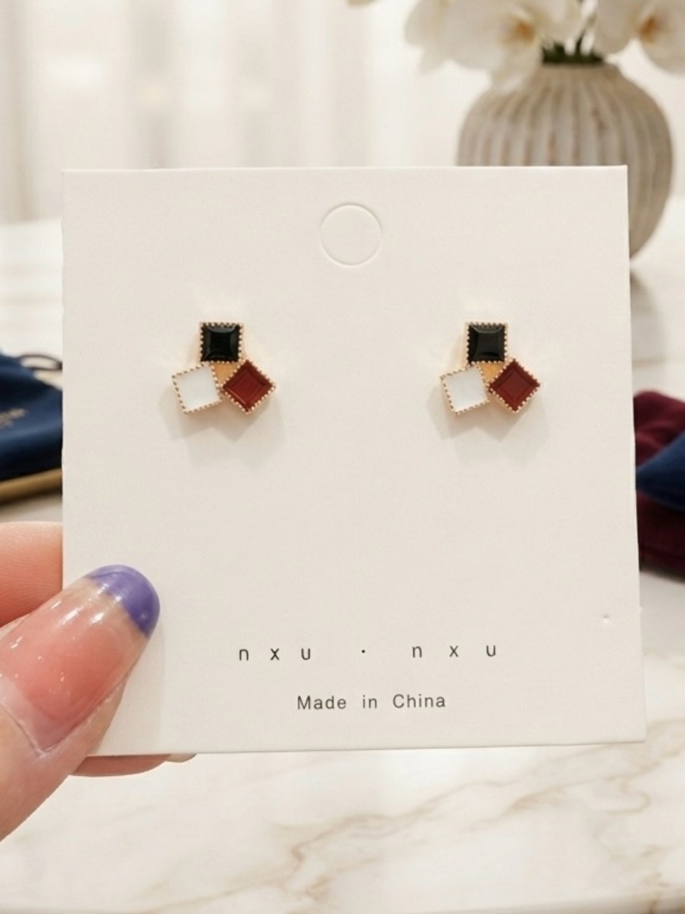 Geometric Trio Stud Earrings - Black, White & Brown.3 for $10.